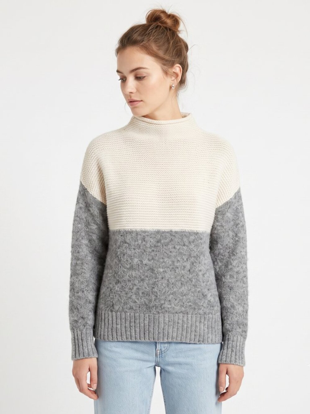 *Cynthia Rowely Cream & Grey Colorblock Mock Neck Sweater | Chunky Knit Wool Bl
